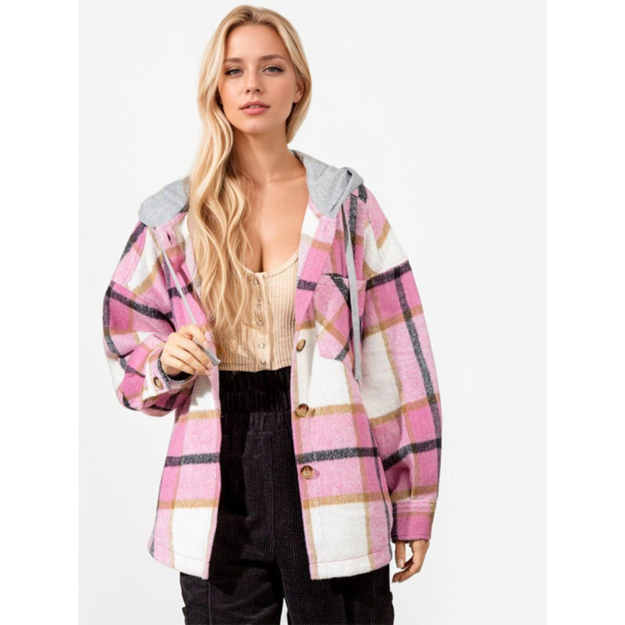 Drawstring Plaid Button Up Long Sleeve Outerwear Apparel and Accessories