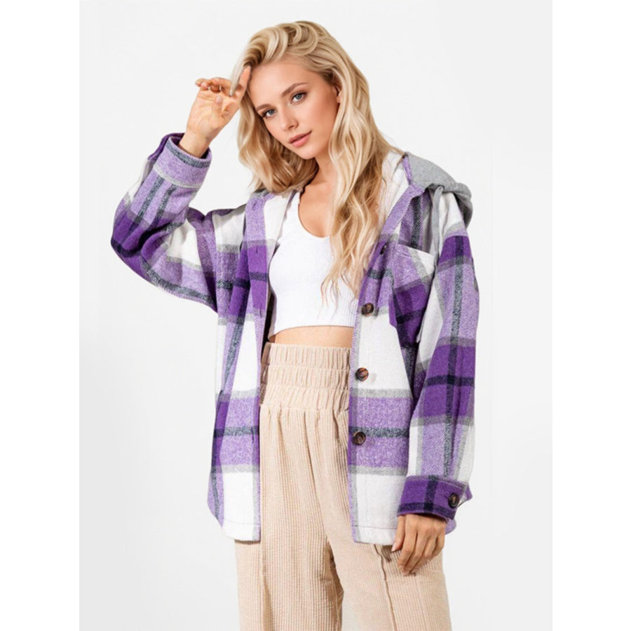 Drawstring Plaid Button Up Long Sleeve Outerwear Apparel and Accessories