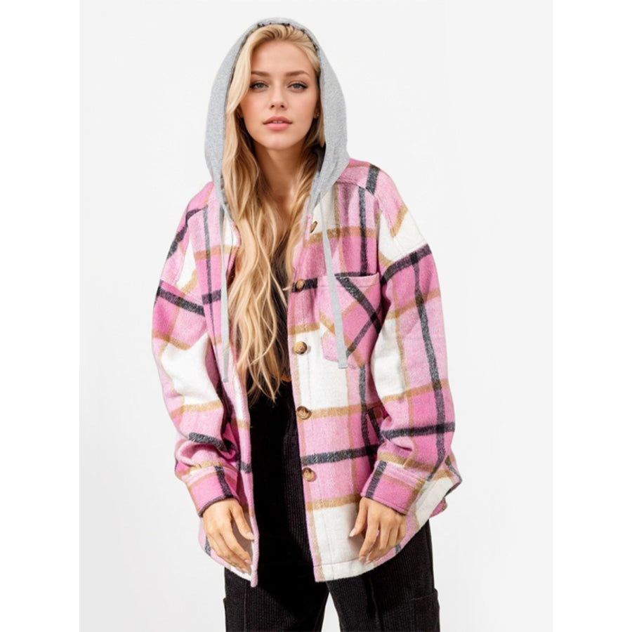 Drawstring Plaid Button Up Long Sleeve Outerwear Apparel and Accessories