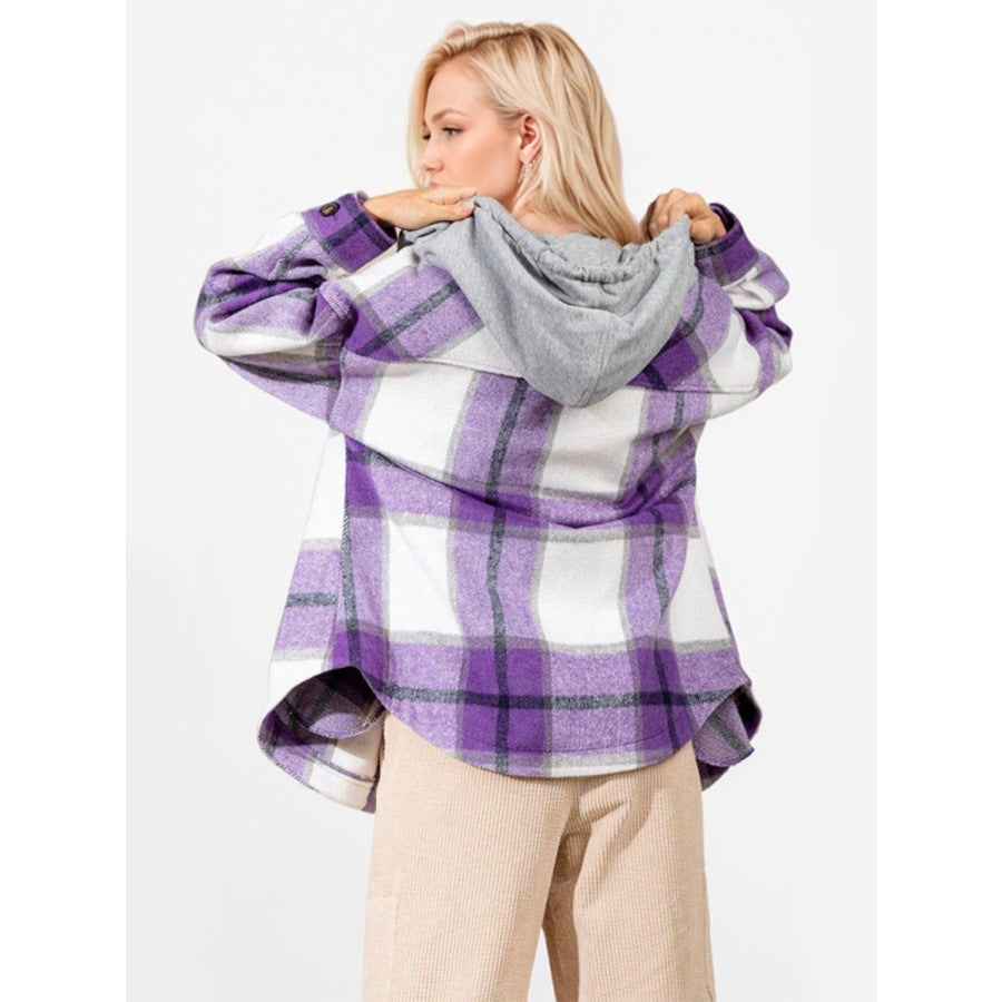 Drawstring Plaid Button Up Long Sleeve Outerwear Apparel and Accessories