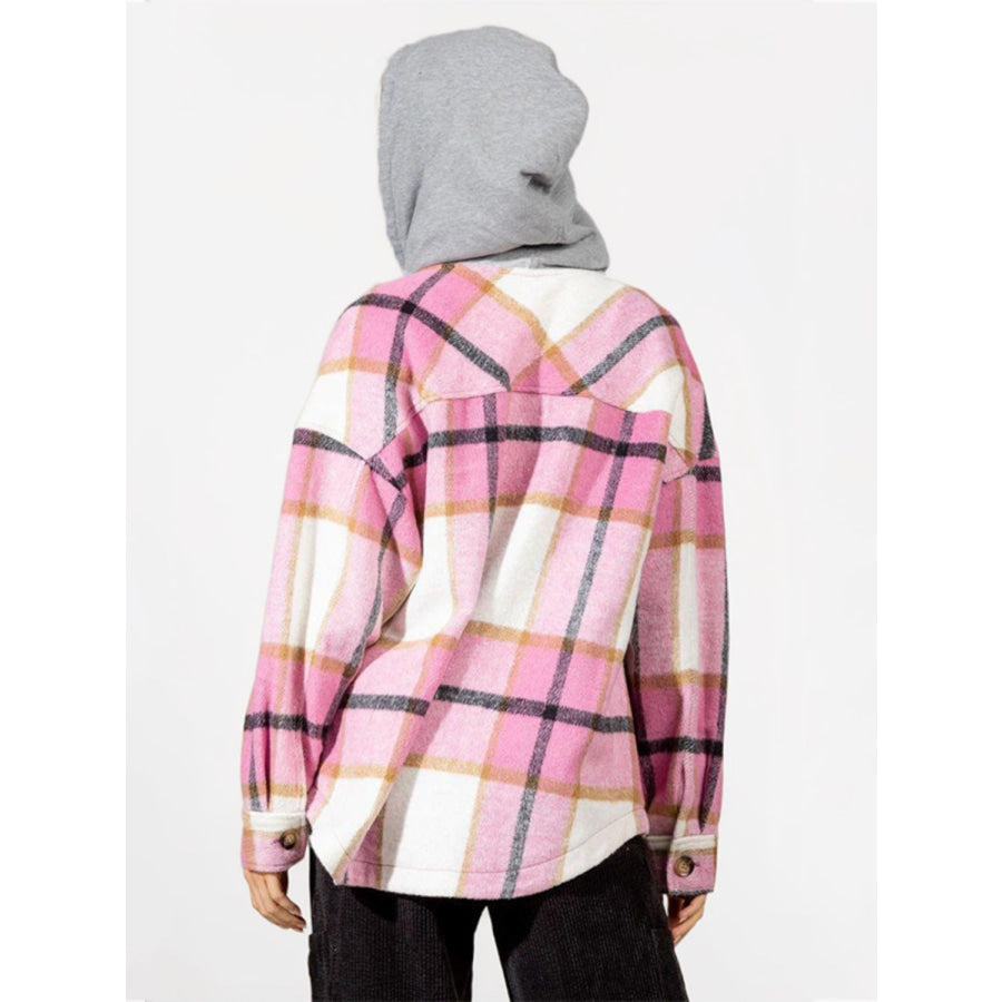 Drawstring Plaid Button Up Long Sleeve Outerwear Apparel and Accessories