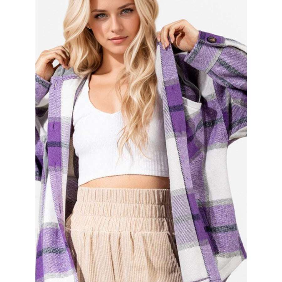 Drawstring Plaid Button Up Long Sleeve Outerwear Apparel and Accessories