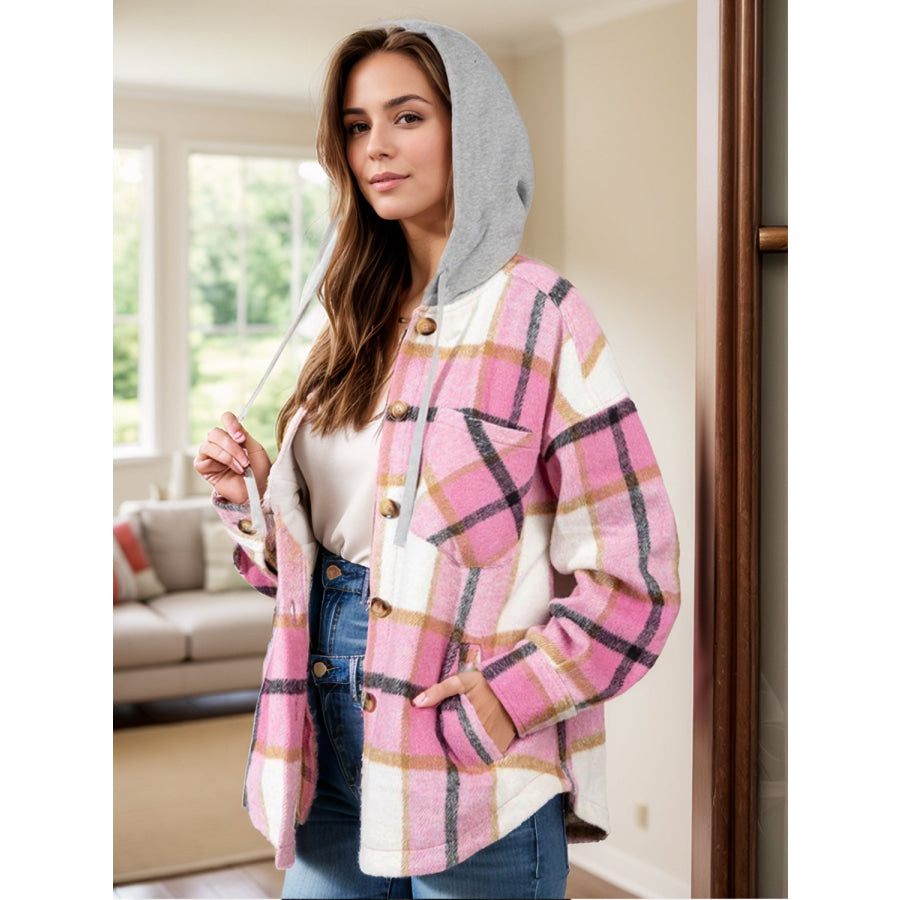 Drawstring Plaid Button Up Long Sleeve Outerwear Blush Pink / M Apparel and Accessories