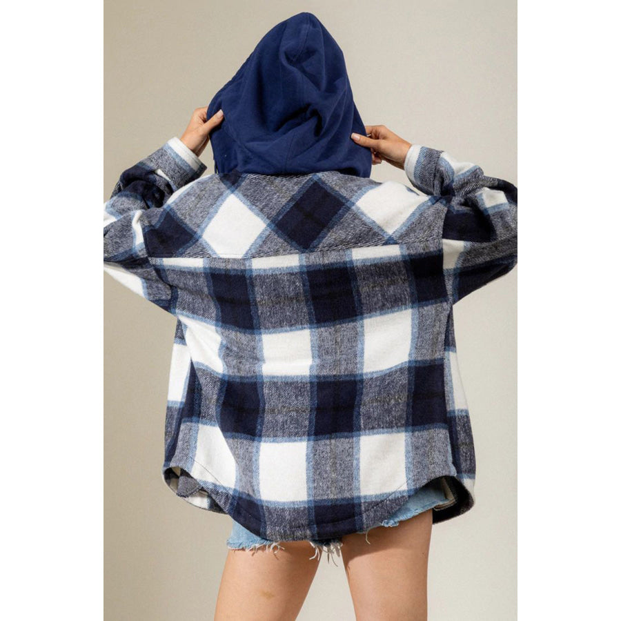 Drawstring Plaid Dropped Shoulder Hooded Shacket Apparel and Accessories