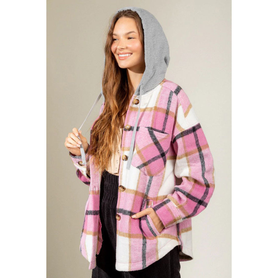 Drawstring Plaid Dropped Shoulder Hooded Shacket Apparel and Accessories