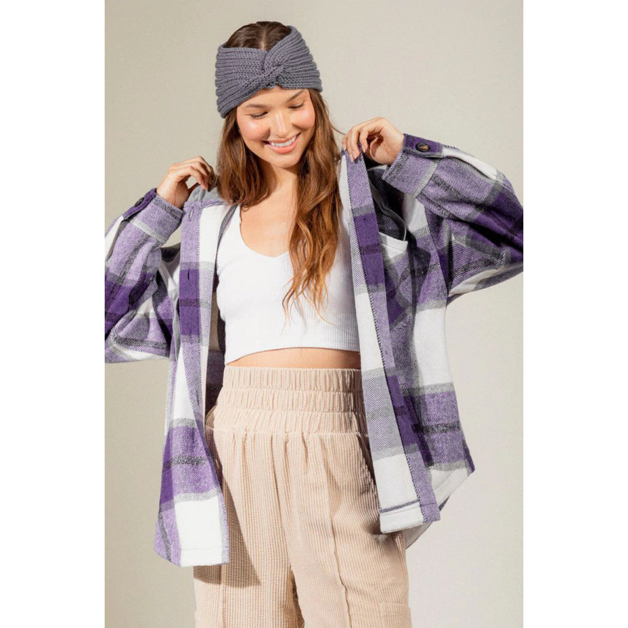 Drawstring Plaid Dropped Shoulder Hooded Shacket Apparel and Accessories