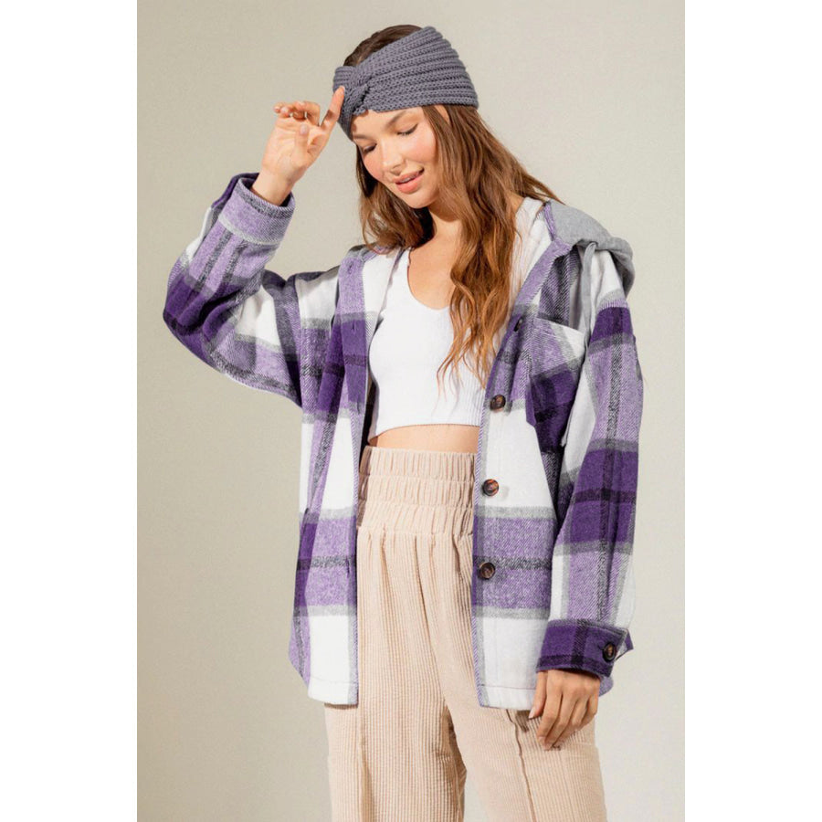 Drawstring Plaid Dropped Shoulder Hooded Shacket Apparel and Accessories