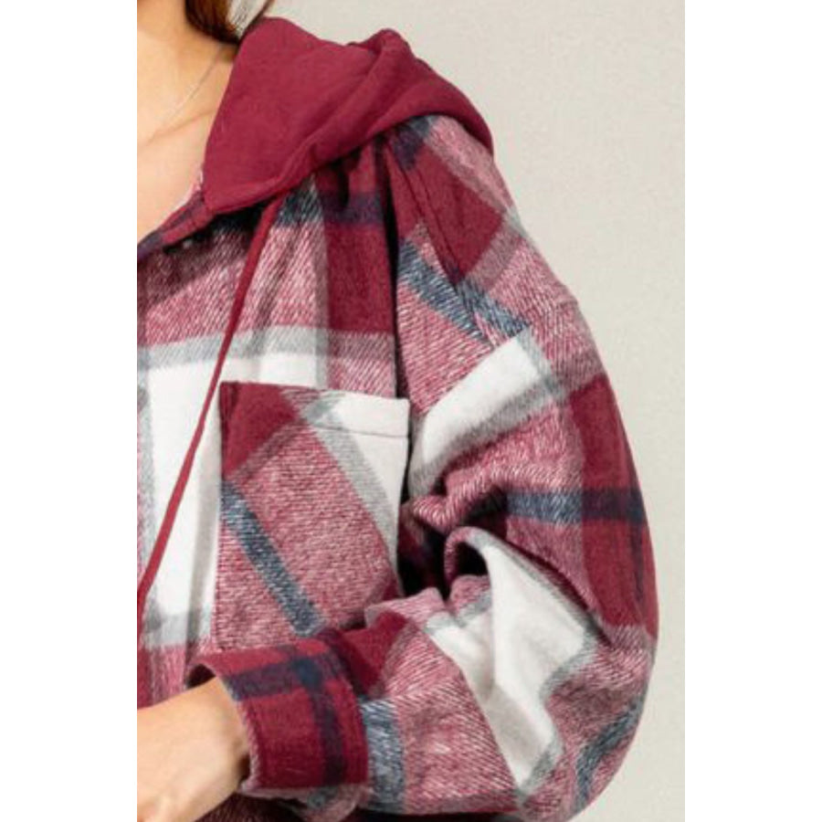 Drawstring Plaid Dropped Shoulder Hooded Shacket Apparel and Accessories