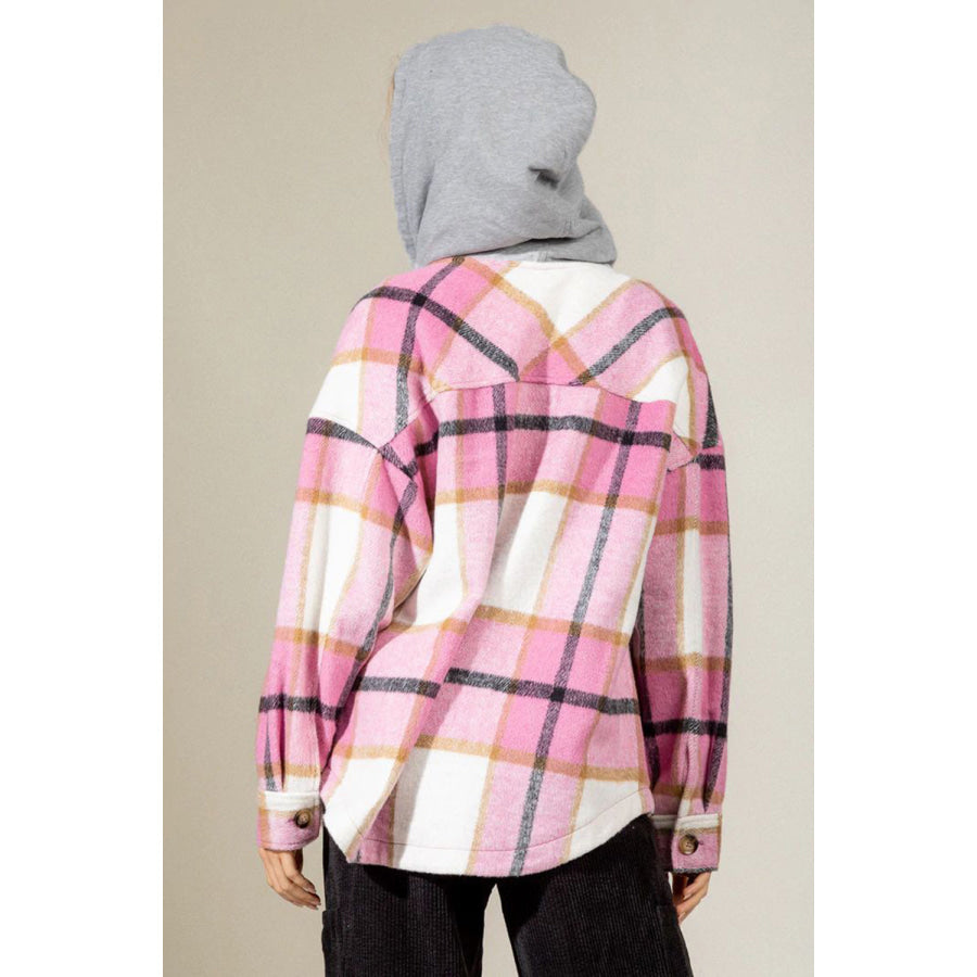 Drawstring Plaid Dropped Shoulder Hooded Shacket Apparel and Accessories