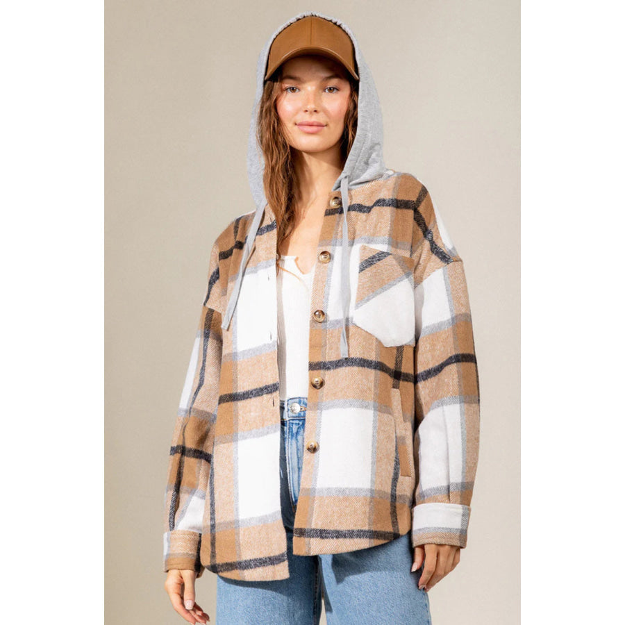 Drawstring Plaid Dropped Shoulder Hooded Shacket Apparel and Accessories