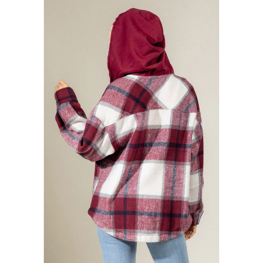 Drawstring Plaid Dropped Shoulder Hooded Shacket Apparel and Accessories