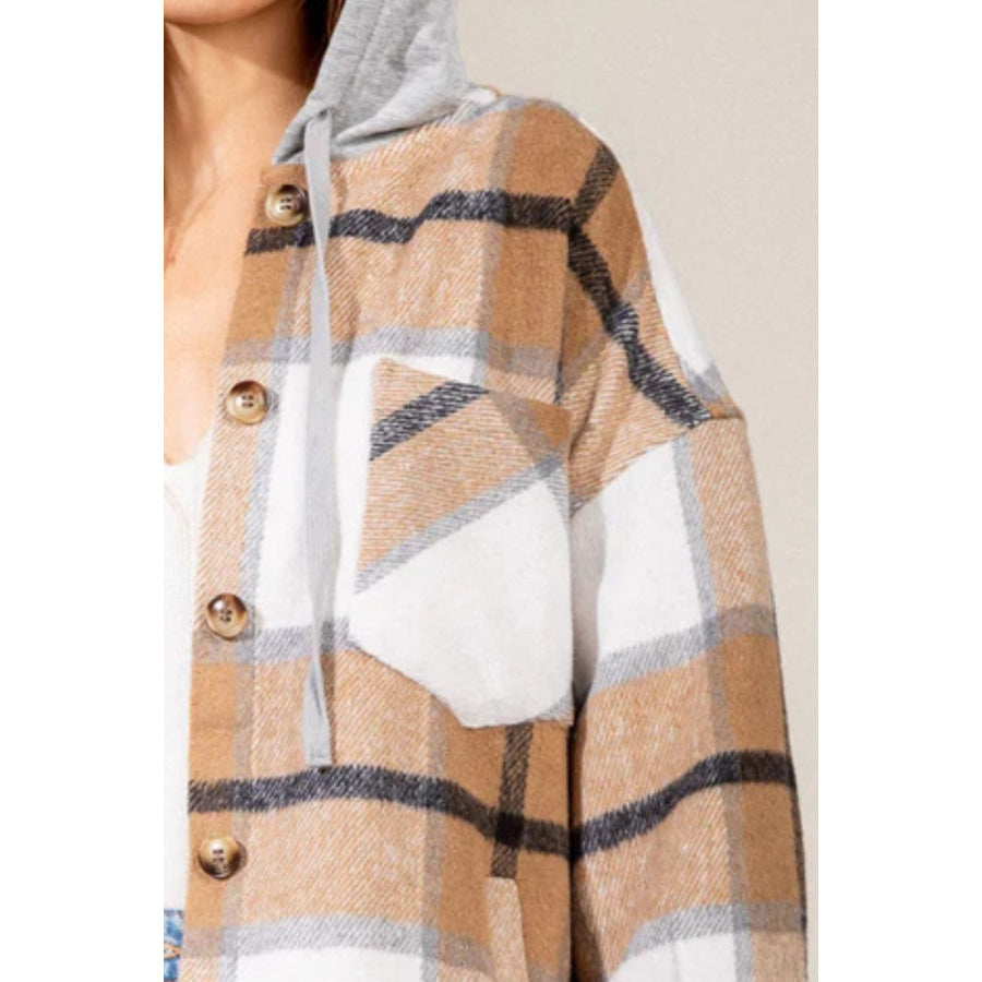 Drawstring Plaid Dropped Shoulder Hooded Shacket Apparel and Accessories