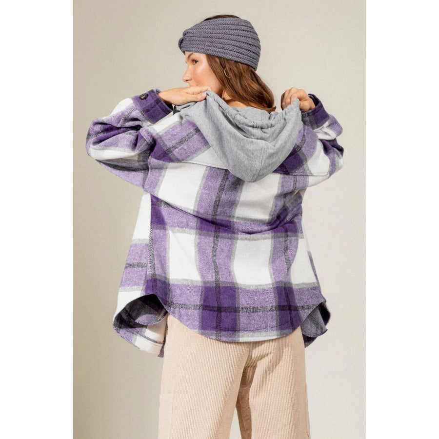 Drawstring Plaid Dropped Shoulder Hooded Shacket Apparel and Accessories