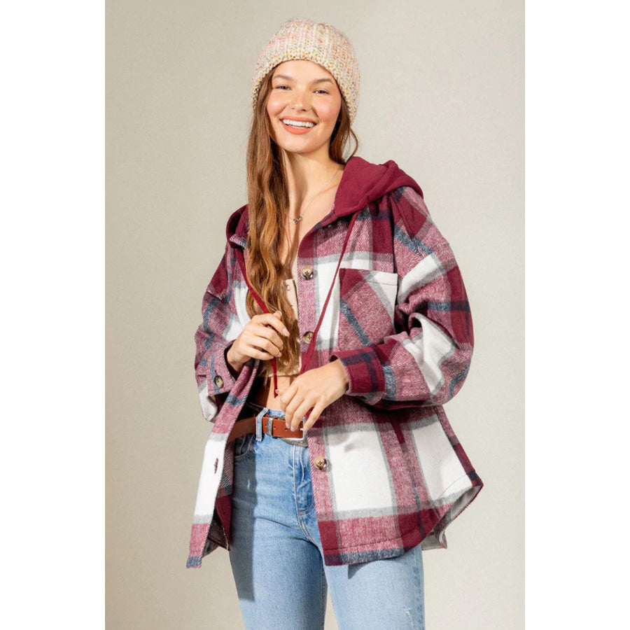 Drawstring Plaid Dropped Shoulder Hooded Shacket Burgundy / S Apparel and Accessories