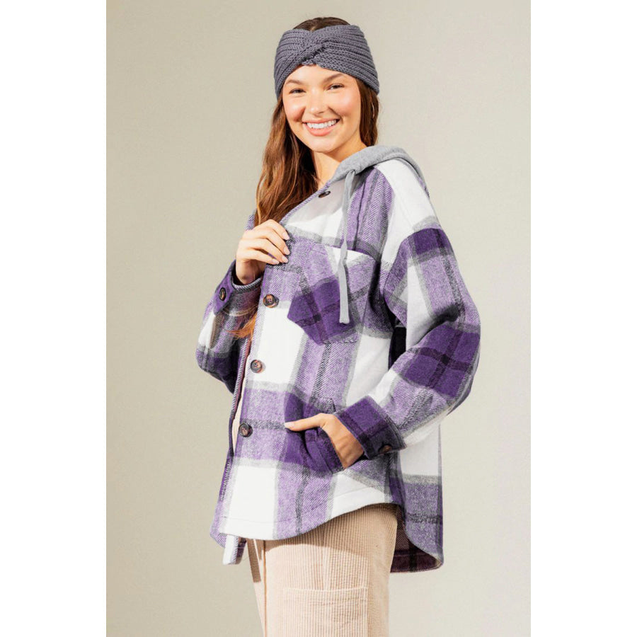 Drawstring Plaid Dropped Shoulder Hooded Shacket Lavender / S Apparel and Accessories