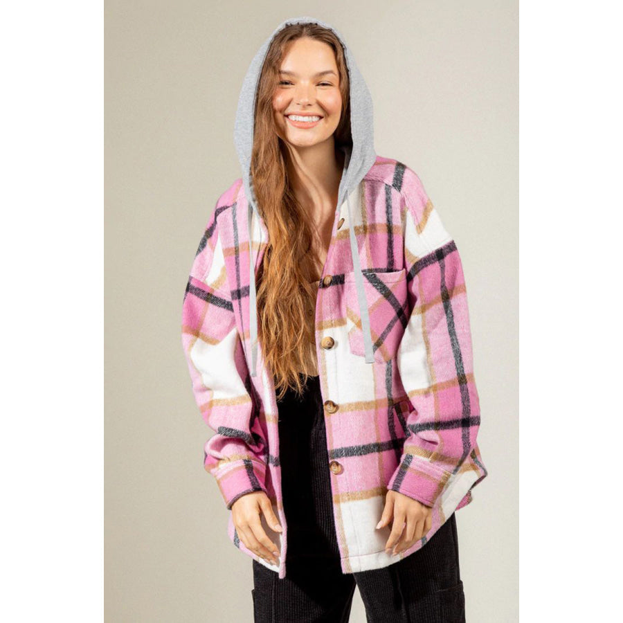 Drawstring Plaid Dropped Shoulder Hooded Shacket Pink / S Apparel and Accessories