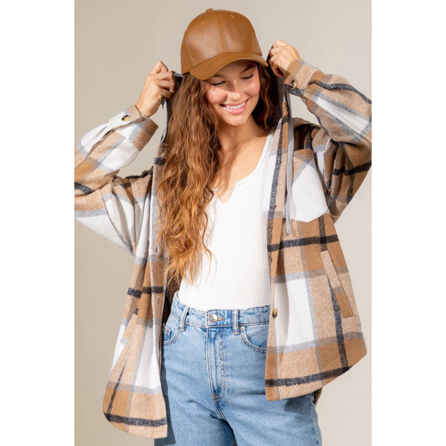 Drawstring Plaid Dropped Shoulder Hooded Shacket Tan / S Apparel and Accessories