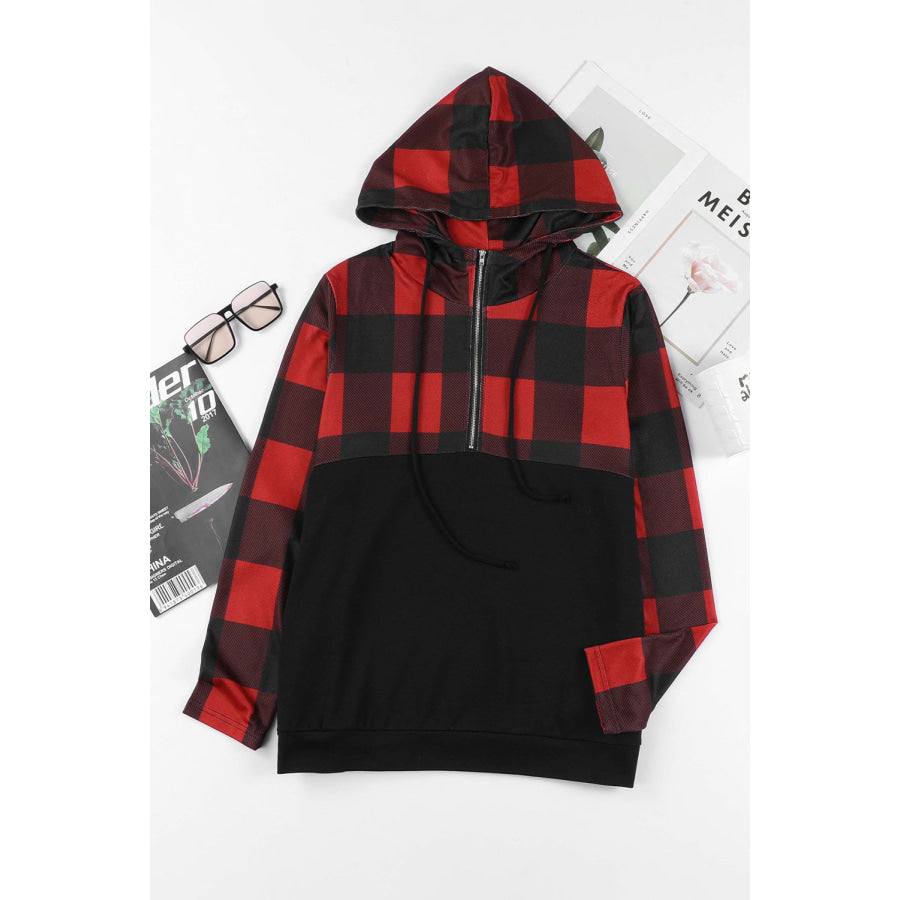Drawstring Plaid Half Zip Hoodie Wine / S Apparel and Accessories