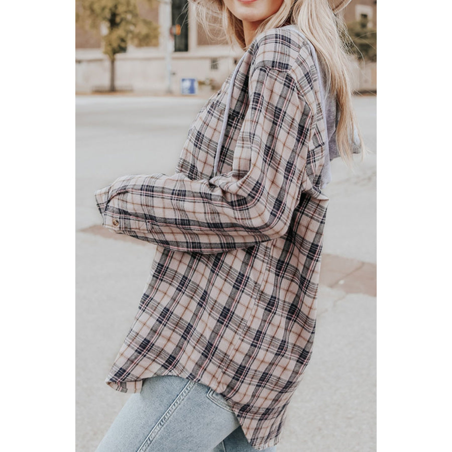 Drawstring Plaid Hooded Long Sleeve Shirt Apparel and Accessories