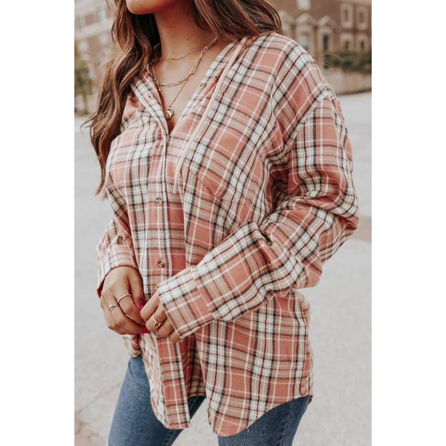 Drawstring Plaid Hooded Long Sleeve Shirt Apparel and Accessories