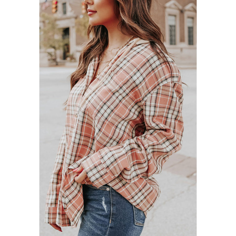 Drawstring Plaid Hooded Long Sleeve Shirt Apparel and Accessories