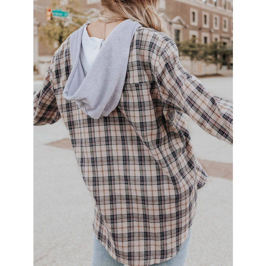 Drawstring Plaid Hooded Long Sleeve Shirt Apparel and Accessories