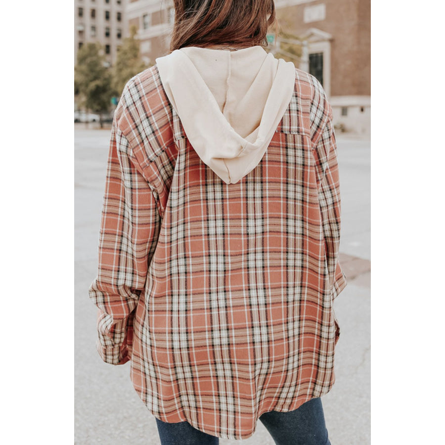 Drawstring Plaid Hooded Long Sleeve Shirt Apparel and Accessories