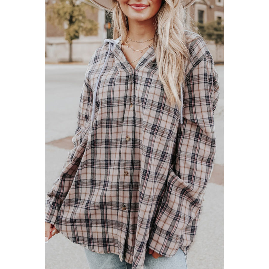 Drawstring Plaid Hooded Long Sleeve Shirt Gray / S Apparel and Accessories