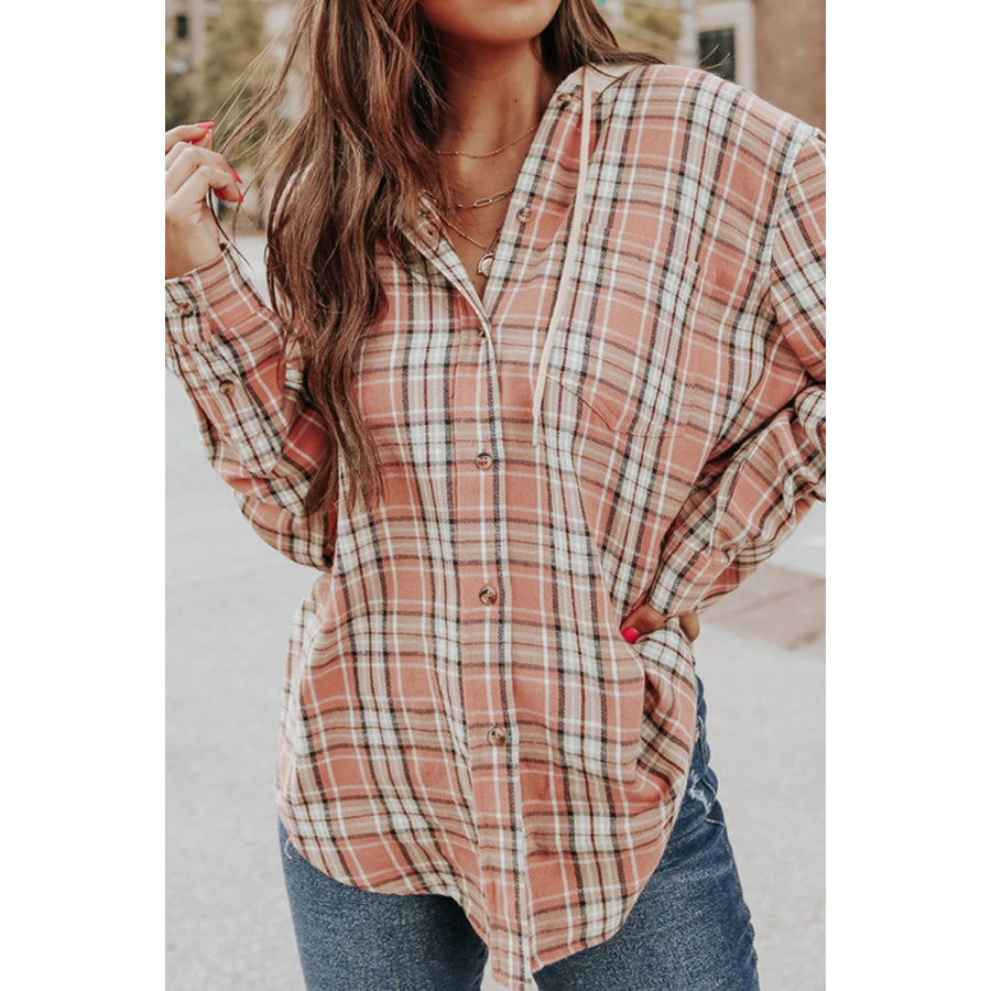 Drawstring Plaid Hooded Long Sleeve Shirt Pale Blush / S Apparel and Accessories