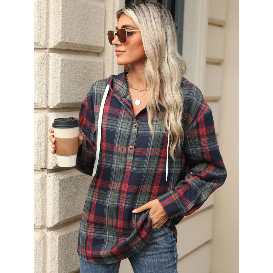 Drawstring Plaid Hooded Long Sleeve Top Apparel and Accessories