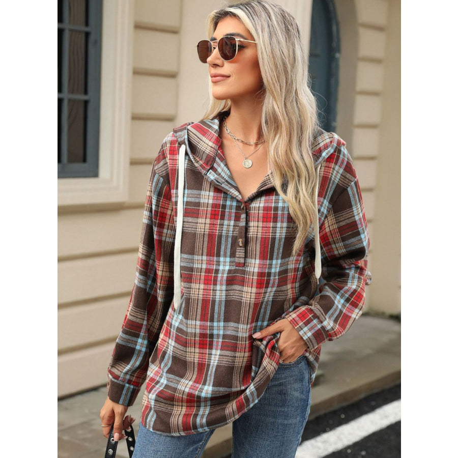 Drawstring Plaid Hooded Long Sleeve Top Apparel and Accessories