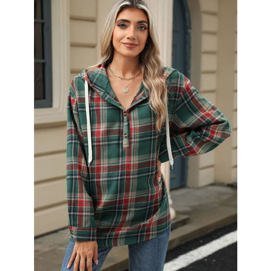 Drawstring Plaid Hooded Long Sleeve Top Apparel and Accessories