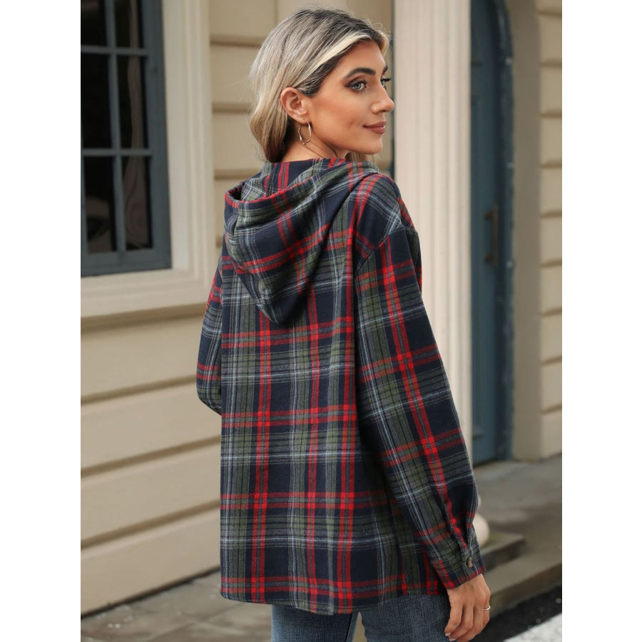 Drawstring Plaid Hooded Long Sleeve Top Apparel and Accessories