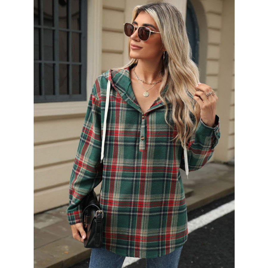 Drawstring Plaid Hooded Long Sleeve Top Apparel and Accessories