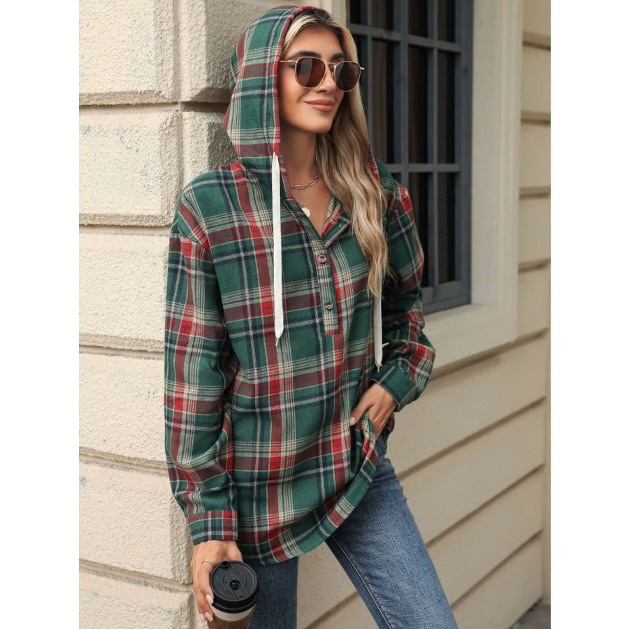 Drawstring Plaid Hooded Long Sleeve Top Apparel and Accessories