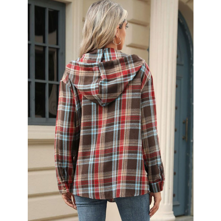 Drawstring Plaid Hooded Long Sleeve Top Apparel and Accessories