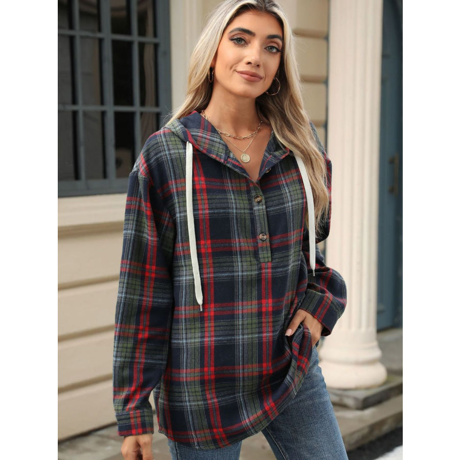 Drawstring Plaid Hooded Long Sleeve Top Apparel and Accessories