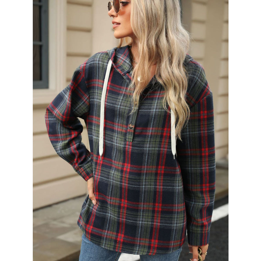 Drawstring Plaid Hooded Long Sleeve Top Apparel and Accessories