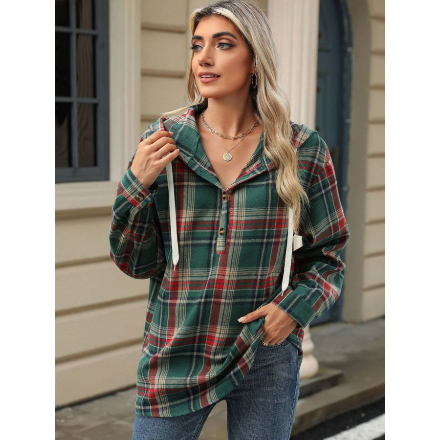 Drawstring Plaid Hooded Long Sleeve Top Apparel and Accessories