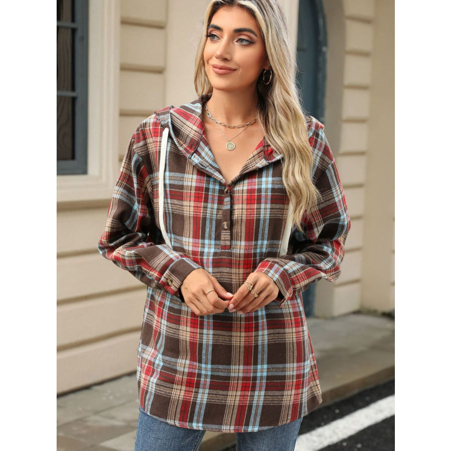 Drawstring Plaid Hooded Long Sleeve Top Apparel and Accessories