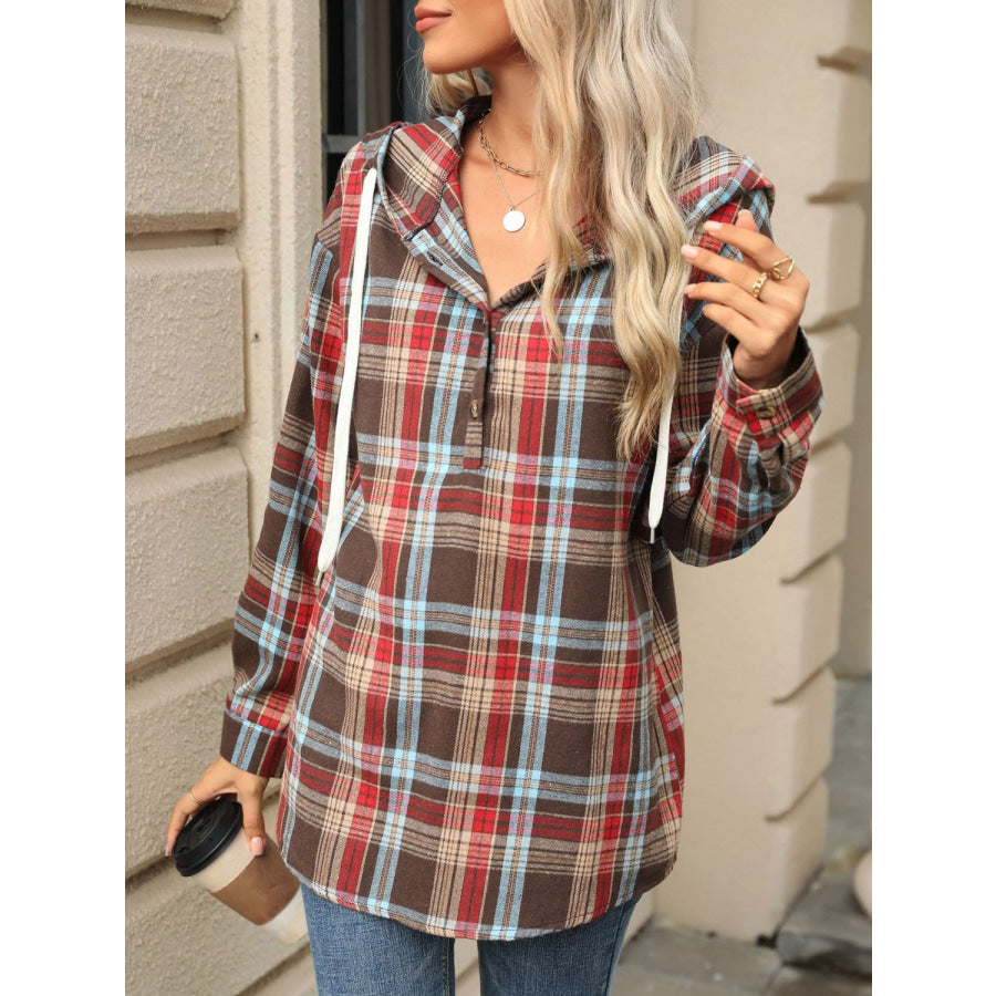 Drawstring Plaid Hooded Long Sleeve Top Apparel and Accessories