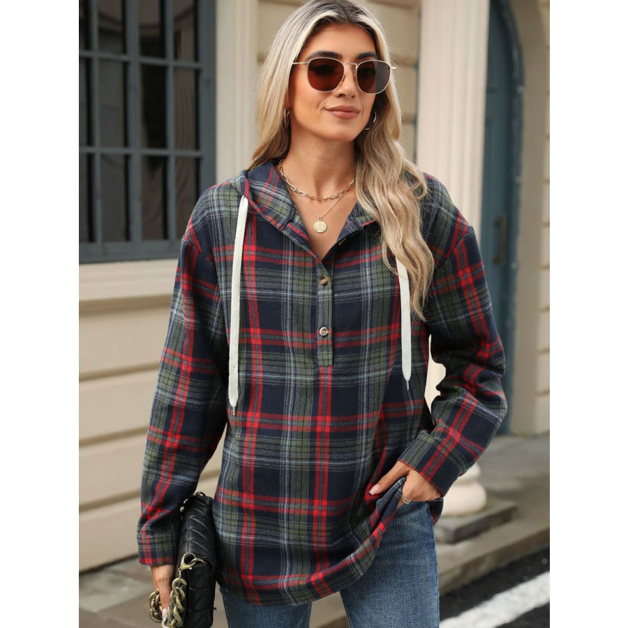 Drawstring Plaid Hooded Long Sleeve Top Apparel and Accessories