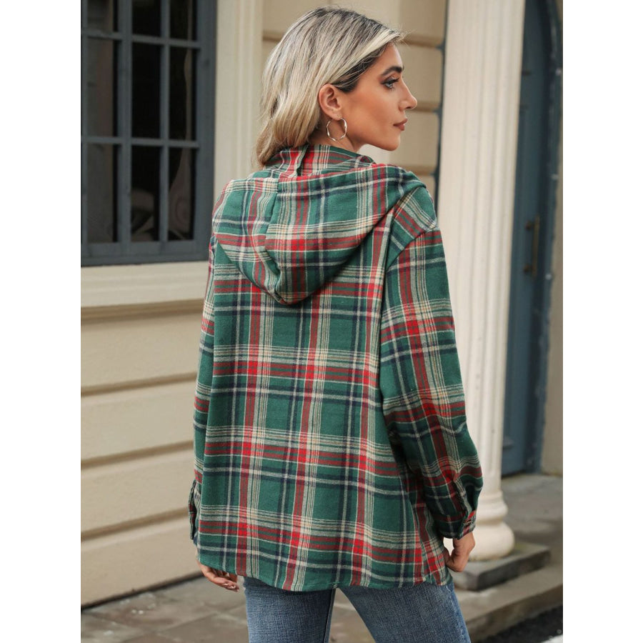 Drawstring Plaid Hooded Long Sleeve Top Apparel and Accessories