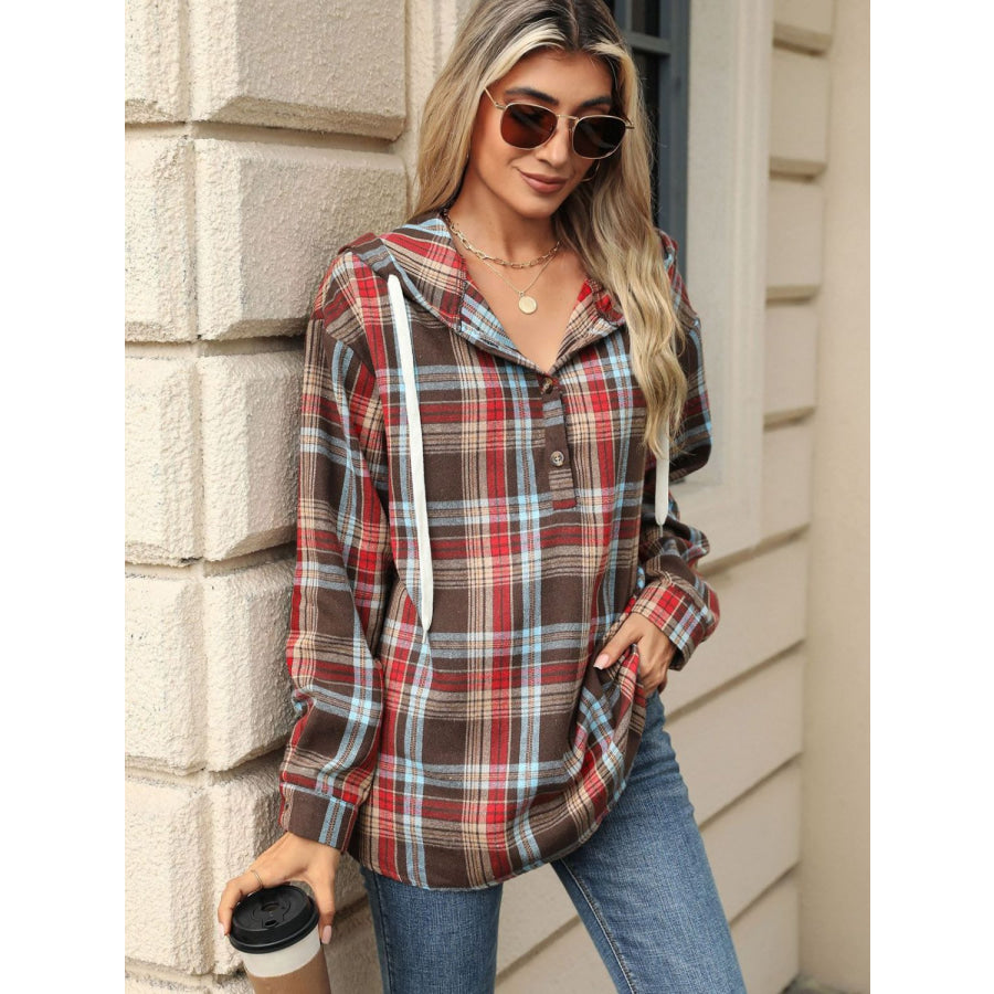 Drawstring Plaid Hooded Long Sleeve Top Apparel and Accessories