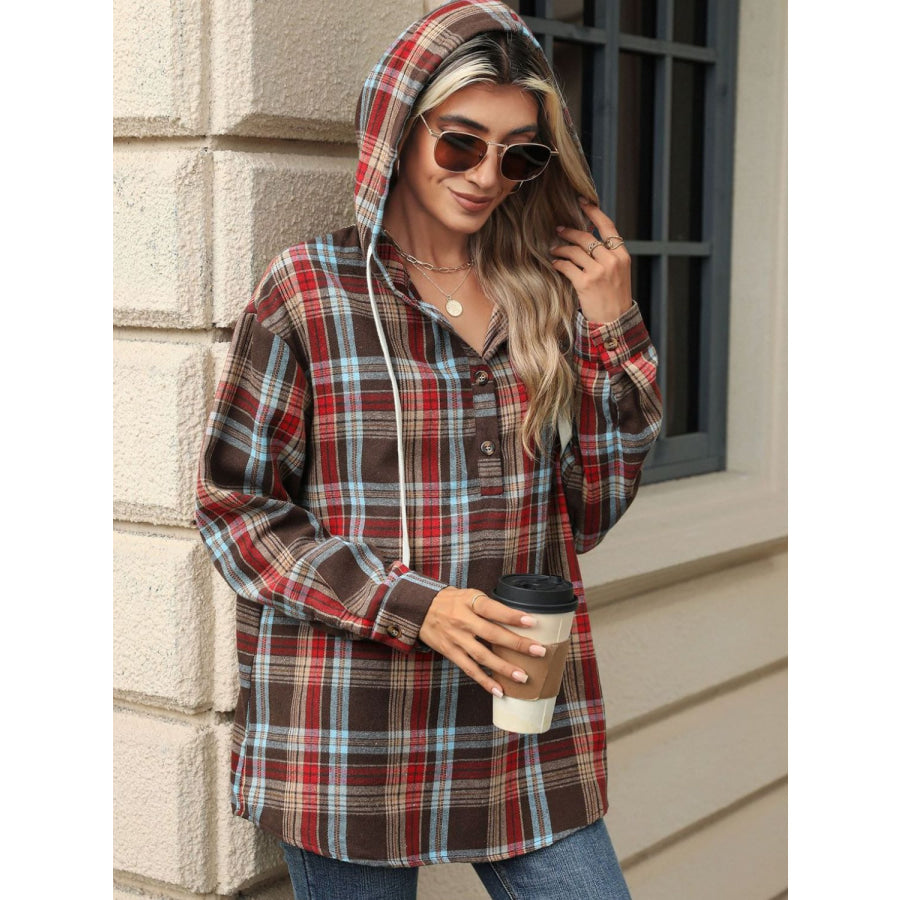 Drawstring Plaid Hooded Long Sleeve Top Coffee Brown / S Apparel and Accessories