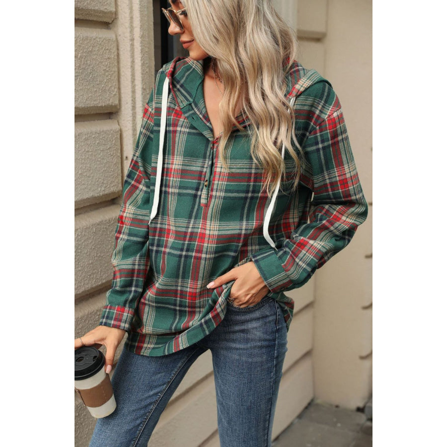 Drawstring Plaid Hooded Long Sleeve Top Dark Green / S Apparel and Accessories