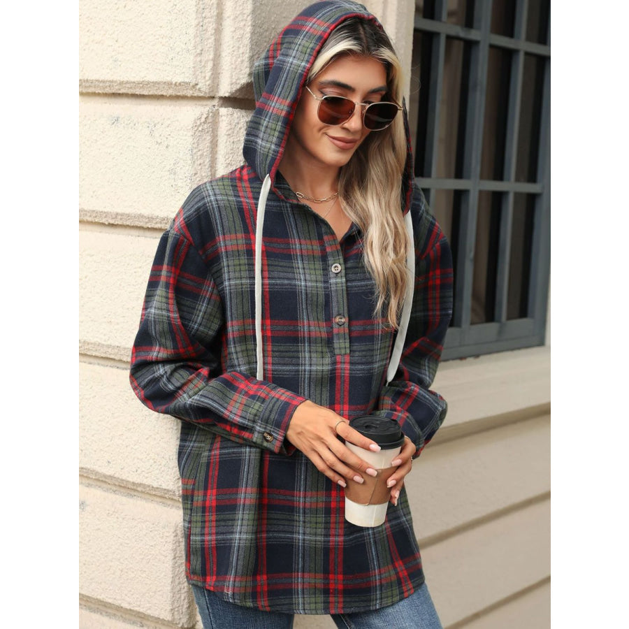 Drawstring Plaid Hooded Long Sleeve Top Dark Navy / S Apparel and Accessories