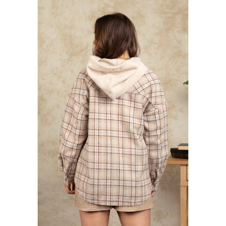 Drawstring Plaid Long Sleeve Hooded Jacket Apparel and Accessories