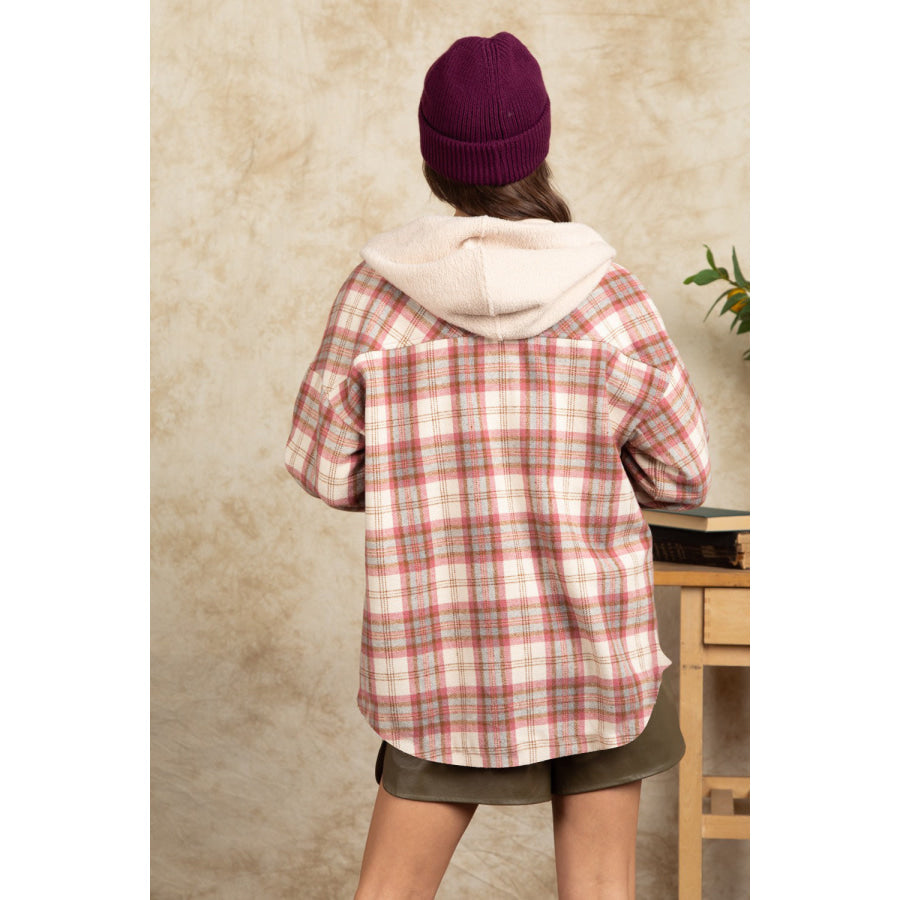 Drawstring Plaid Long Sleeve Hooded Jacket Dusty Pink / S Apparel and Accessories