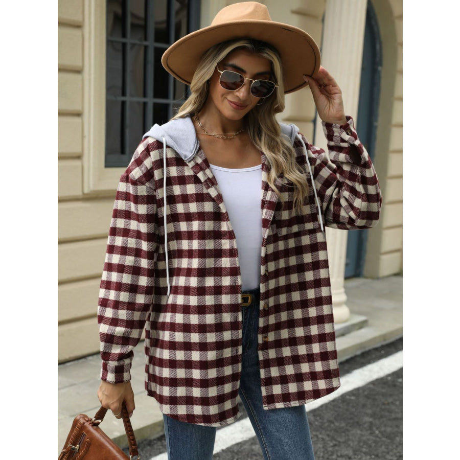 Drawstring Plaid Long Sleeve Hooded Jacket Apparel and Accessories